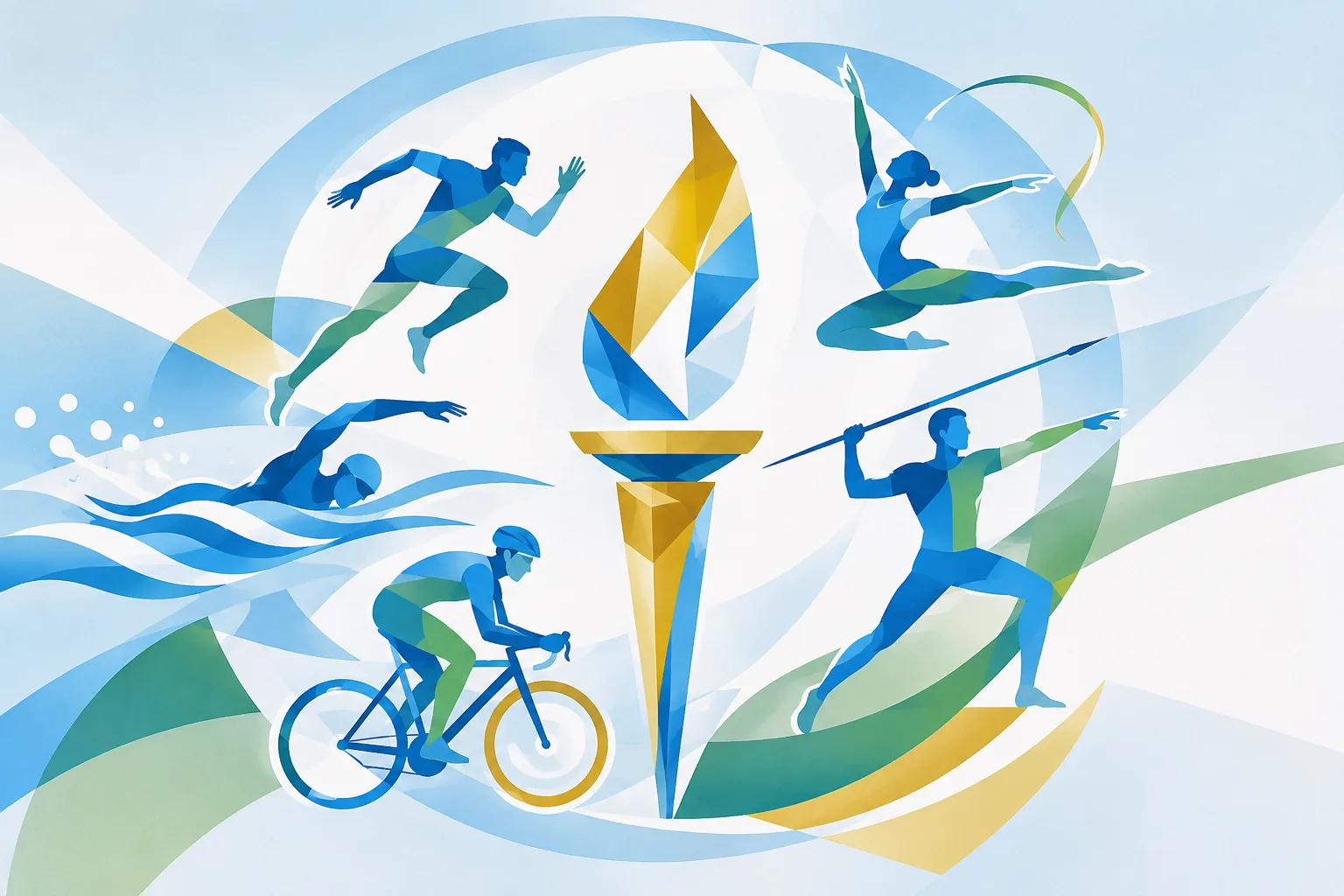 Ilustración editorial de una antorcha rodeada de siluetas de atletas de atletismo, natación, ciclismo y gimnasia