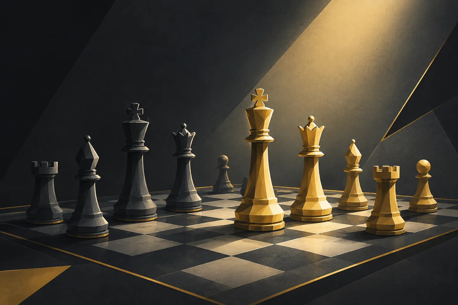Ilustración editorial de un tablero de ajedrez con piezas doradas y grises iluminadas dramáticamente