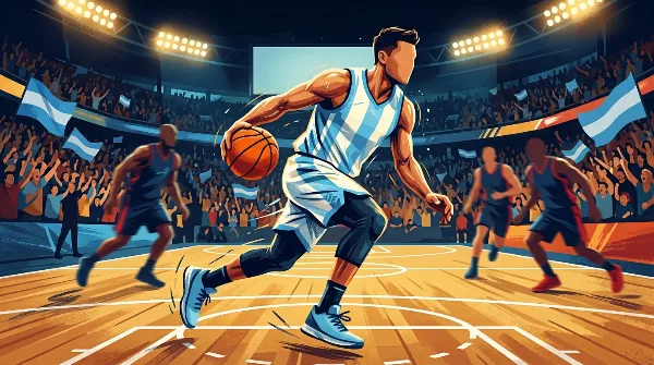 Ilustración editorial de un jugador de básquet con camiseta celeste y blanca dribleando en una cancha, con la tribuna de fondo, representando a la selección argentina en las eliminatorias