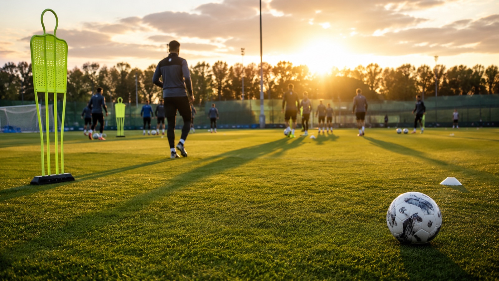 Cancha de entrenamiento de fútbol al atardecer, jugadores anónimos