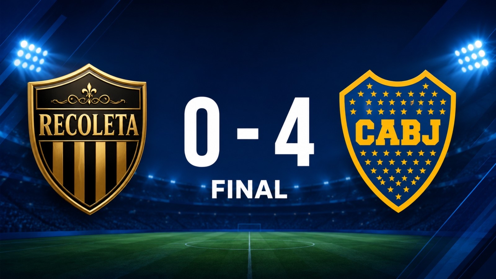 Placar de marcador deportivo con el resultado final 0-4 entre Deportivo Recoleta y Boca Juniors