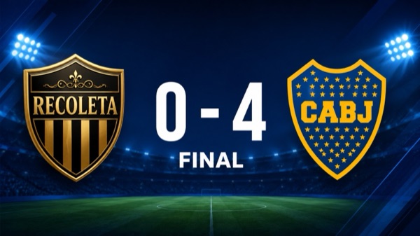 Placar de marcador deportivo con el resultado final 0-4 entre Deportivo Recoleta y Boca Juniors