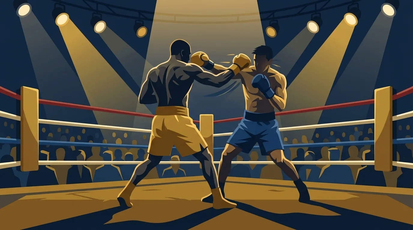 Ilustración editorial de dos boxeadores genéricos intercambiando golpes arriba de un ring, con luces de arena en tonos dorados