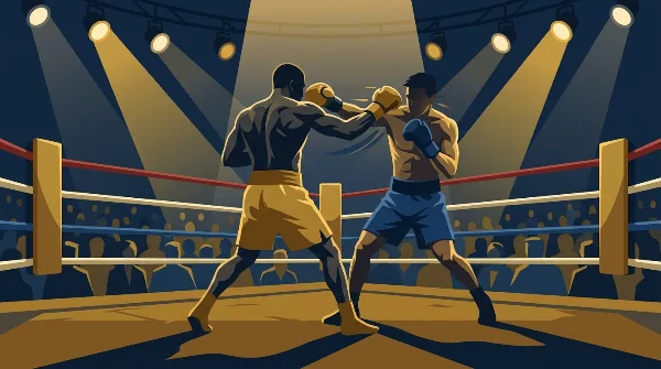 Ilustración editorial de dos boxeadores genéricos intercambiando golpes arriba de un ring, con luces de arena en tonos dorados