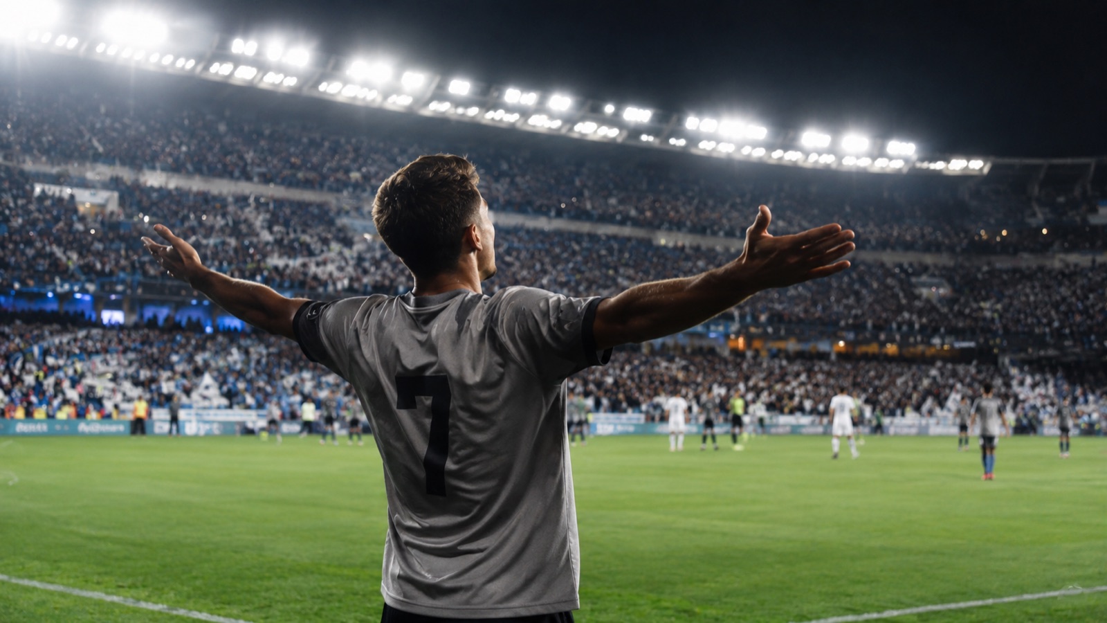 Festejo de gol en una cancha de fútbol de noche, tribuna llena