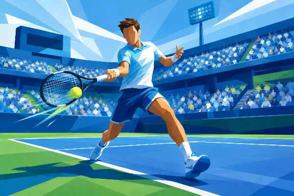 Ilustración editorial de un jugador de tenis golpeando de derecha en una cancha dura, con las tribunas de un estadio de fondo