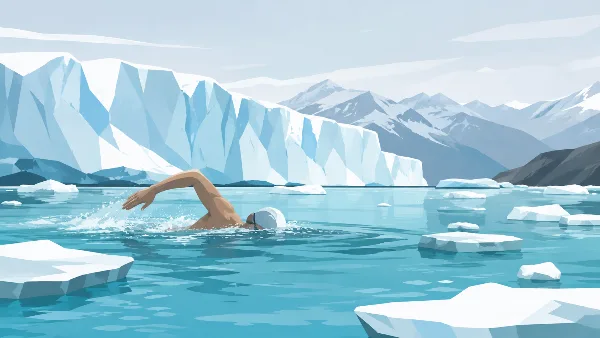 Ilustración editorial de un nadador cruzando aguas heladas frente a un glaciar patagónico