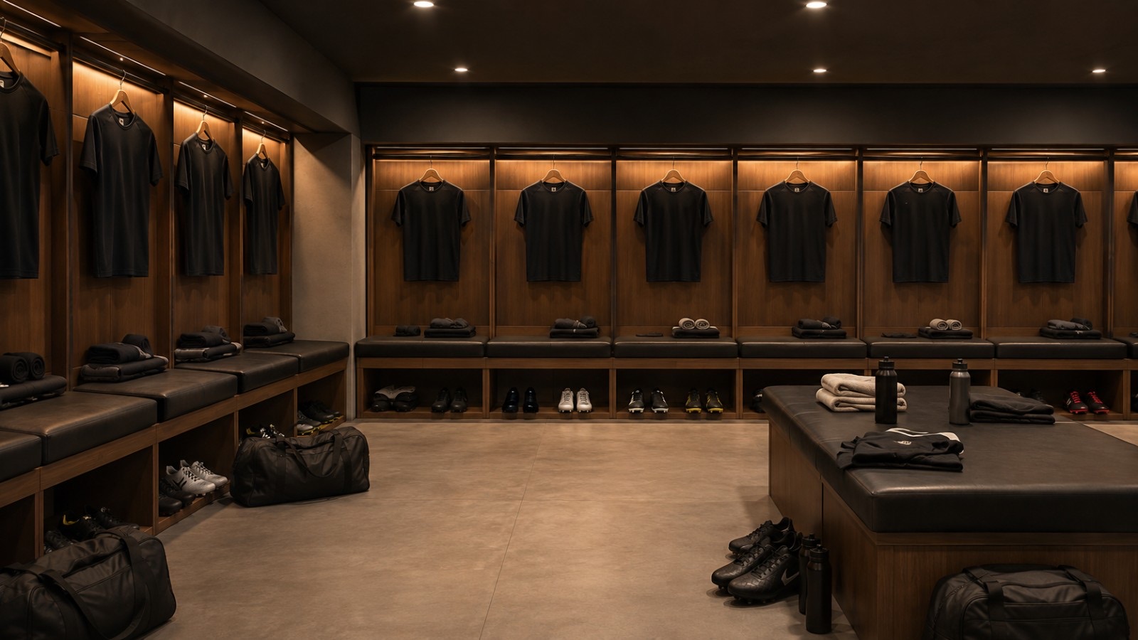 Vestuario de fútbol vacío antes de un partido, con camisetas colgadas en los percheros