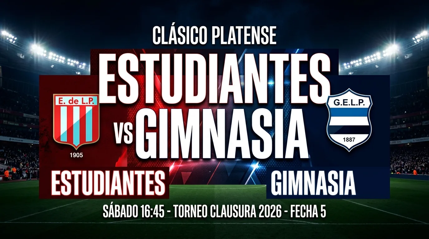 Placa de previa del Clásico Platense, Estudiantes vs Gimnasia, Torneo Clausura 2026, fecha 5, con los escudos de ambos equipos