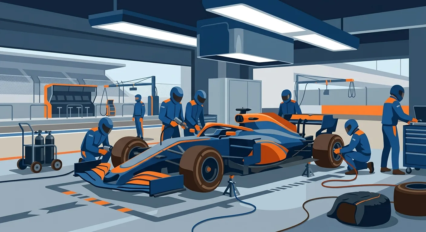 Ilustración editorial de un monoplaza de Fórmula 1 genérico en el pit lane rodeado de mecánicos durante un receso