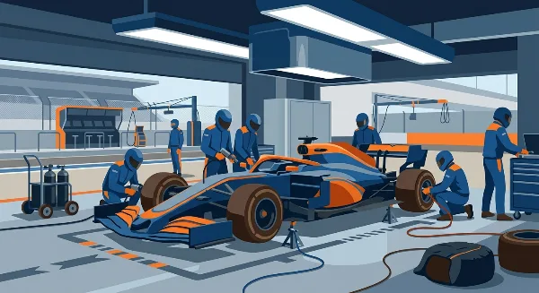 Ilustración editorial de un monoplaza de Fórmula 1 genérico en el pit lane rodeado de mecánicos durante un receso