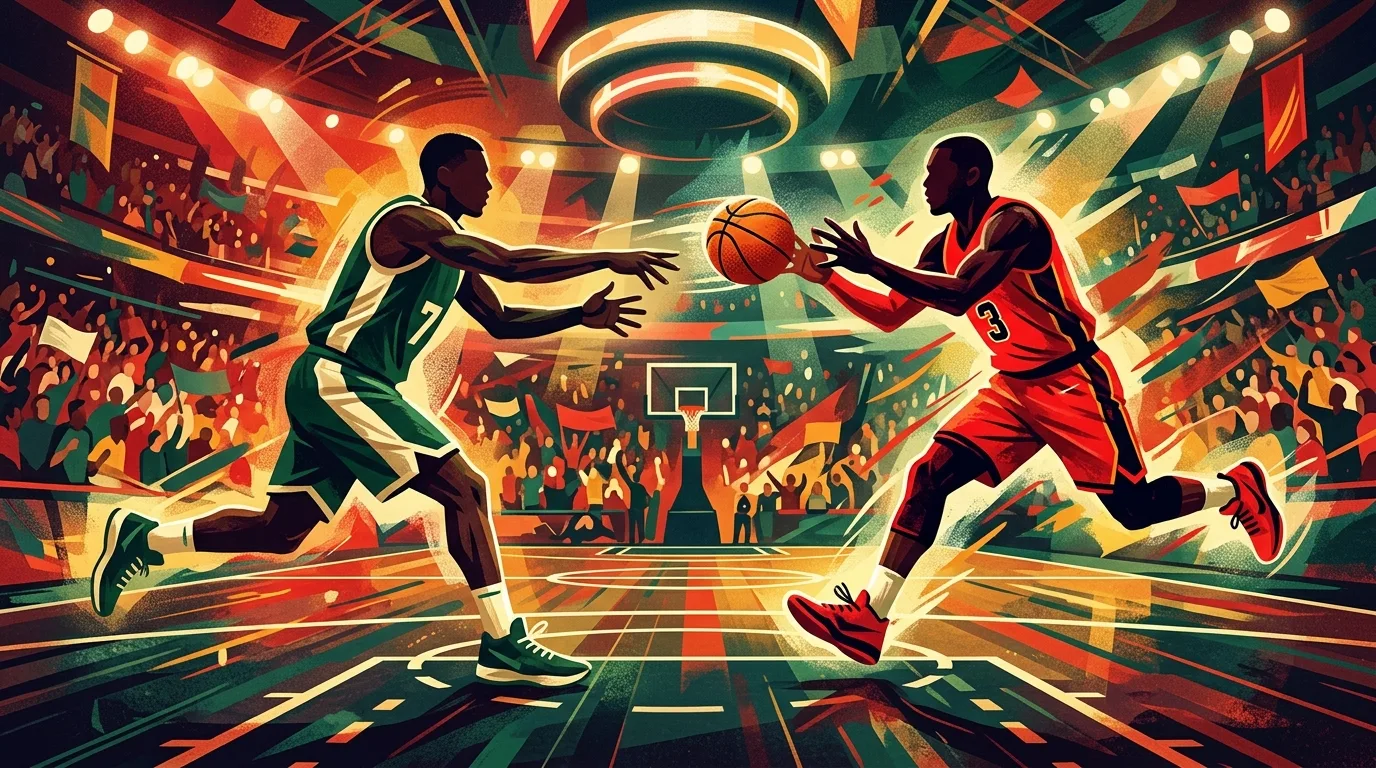 Ilustración editorial de dos jugadores de básquet en tonos verde y rojo disputándose una pelota en el aire, representando el cambio de camiseta de un jugador entre dos equipos
