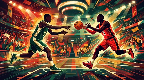 Ilustración editorial de dos jugadores de básquet en tonos verde y rojo disputándose una pelota en el aire, representando el cambio de camiseta de un jugador entre dos equipos
