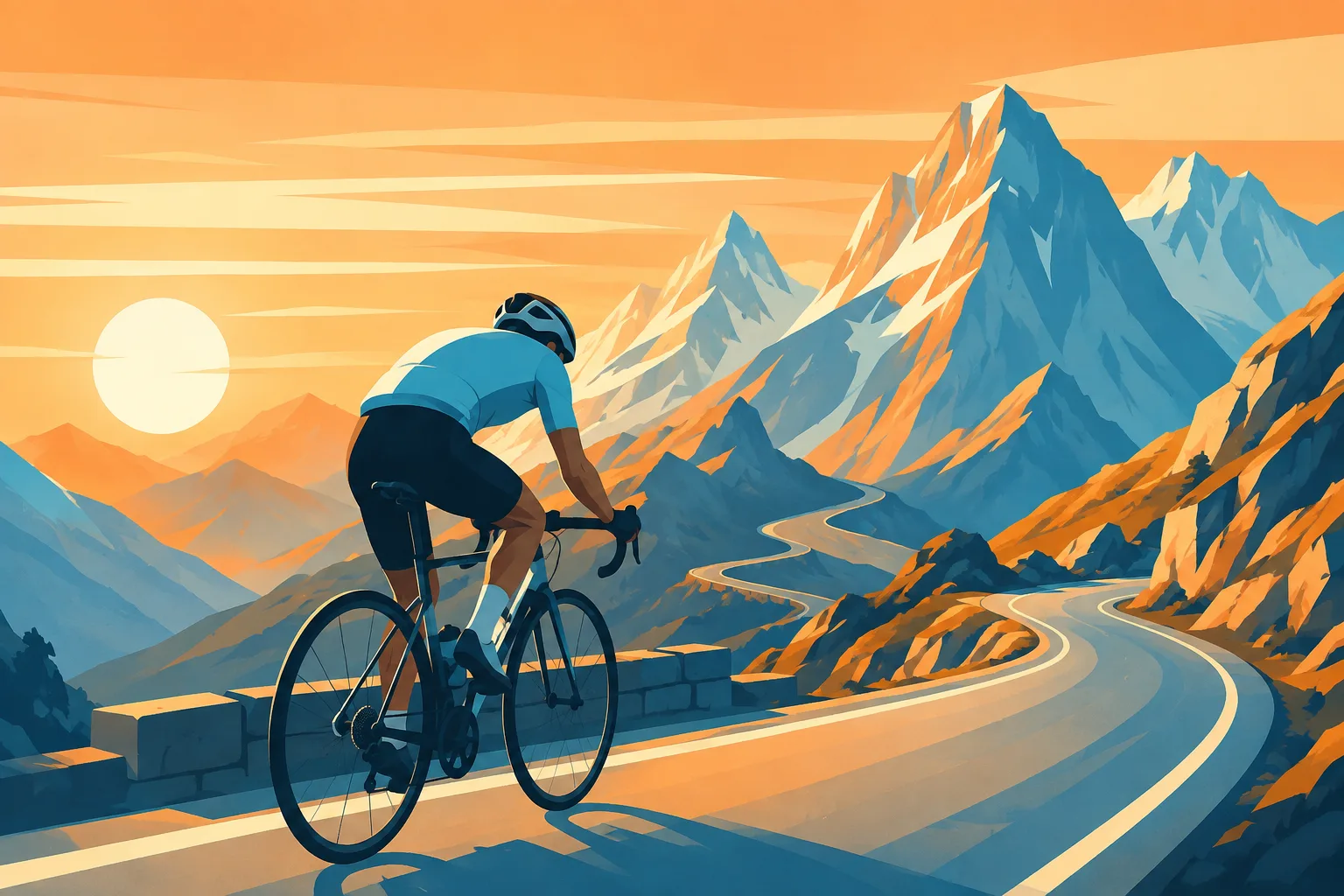 Ilustración editorial de un ciclista subiendo un puerto de montaña al atardecer