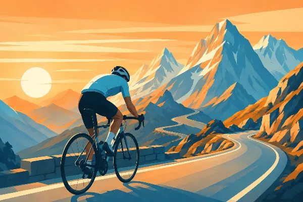 Ilustración editorial de un ciclista subiendo un puerto de montaña al atardecer