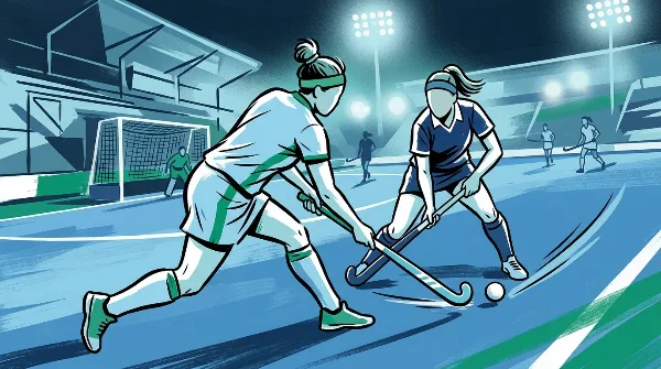 Ilustración editorial de dos jugadoras de hockey sobre césped disputando la pelota en una cancha nocturna