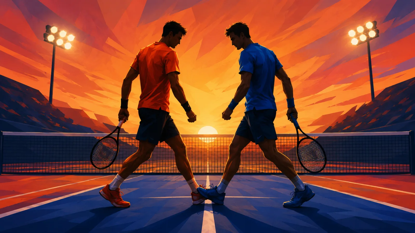 Ilustración editorial de una jugadora de vóley rematando en el aire por encima de la red ante un bloqueo de dos rivales, en un gimnasio iluminado
