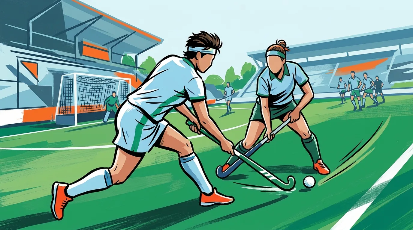 Ilustración editorial de dos jugadores de hockey sobre césped disputando la pelota en una cancha diurna