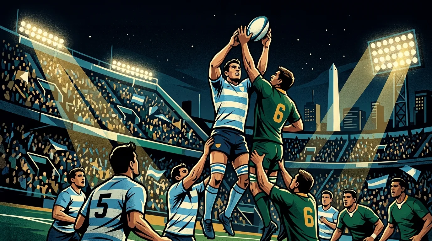 Ilustración editorial de un line-out en un test match de rugby nocturno, con jugadores de camiseta celeste y blanca y de camiseta verde oscura