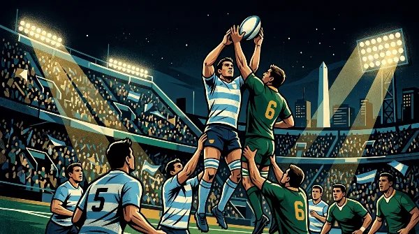 Ilustración editorial de un line-out en un test match de rugby nocturno, con jugadores de camiseta celeste y blanca y de camiseta verde oscura