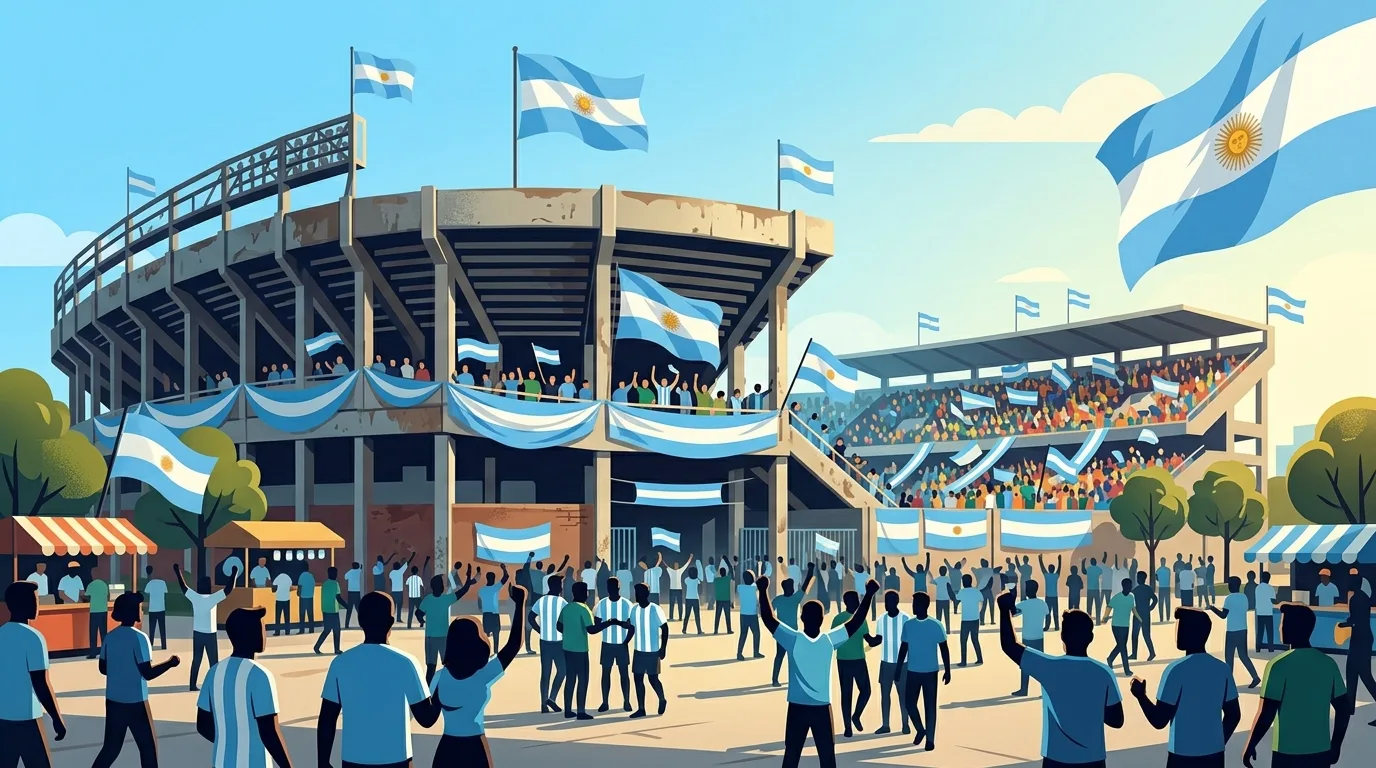 Ilustración editorial de la fachada de un estadio de rugby con banderas celestes y blancas flameando y siluetas de hinchas en la previa de un partido