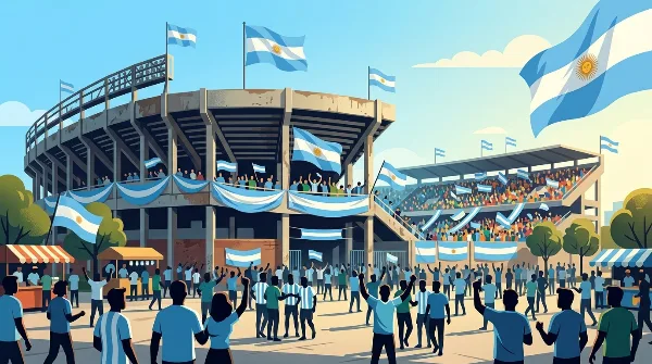 Ilustración editorial de la fachada de un estadio de rugby con banderas celestes y blancas flameando y siluetas de hinchas en la previa de un partido