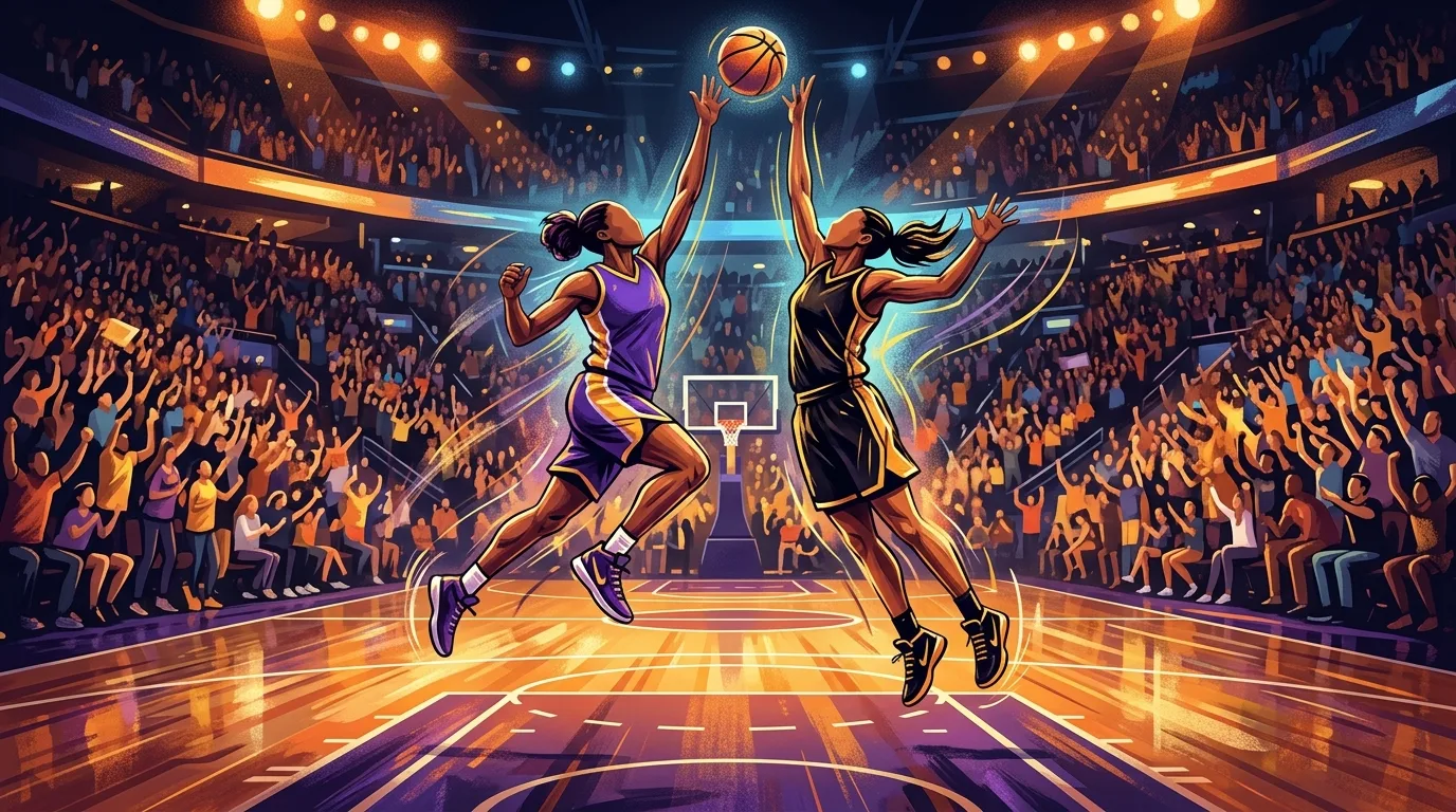 Ilustración editorial de dos jugadoras de básquet femenino saltando por un rebote bajo las luces de un estadio, con la tribuna de fondo