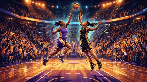 Ilustración editorial de dos jugadoras de básquet femenino saltando por un rebote bajo las luces de un estadio, con la tribuna de fondo