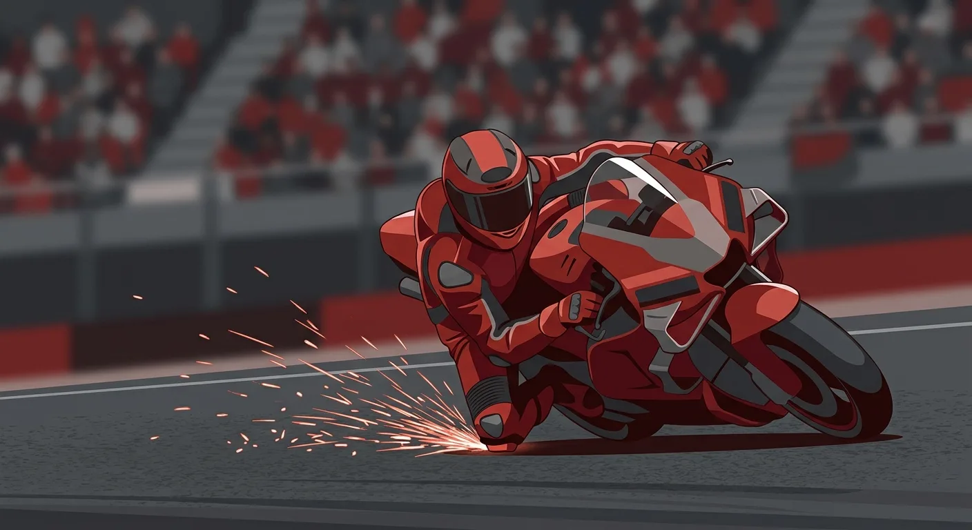 Ilustración editorial de un piloto de motociclismo genérico inclinado al máximo en una curva, con chispas del deslizador