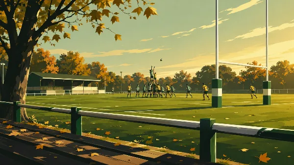Ilustración editorial de una cancha de rugby de club de barrio al atardecer, con jugadores en un line-out y hojas de otoño en el primer plano