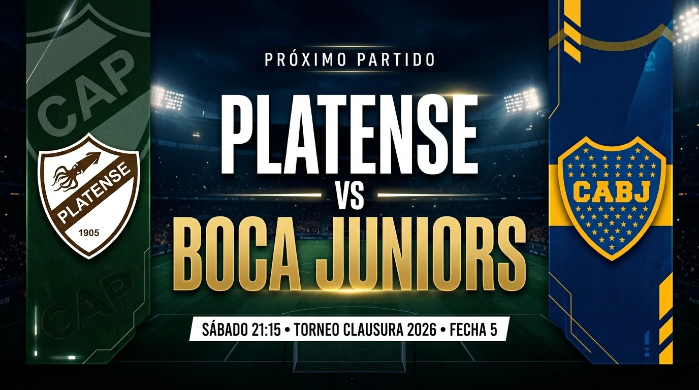 Placa de previa Platense vs Boca Juniors, Torneo Clausura 2026, fecha 5, con los escudos de ambos equipos