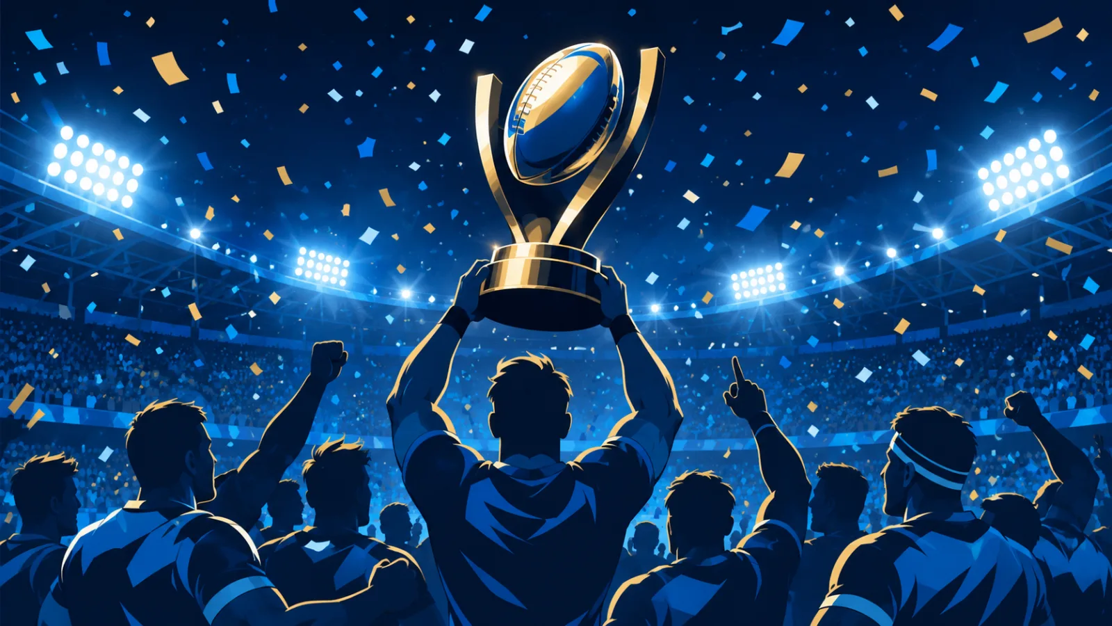 Ilustración editorial de un trofeo de rugby genérico levantado entre confeti con siluetas de jugadores festejando en un estadio iluminado