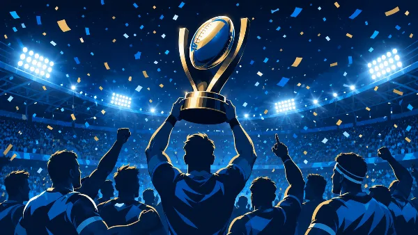 Ilustración editorial de un trofeo de rugby genérico levantado entre confeti con siluetas de jugadores festejando en un estadio iluminado