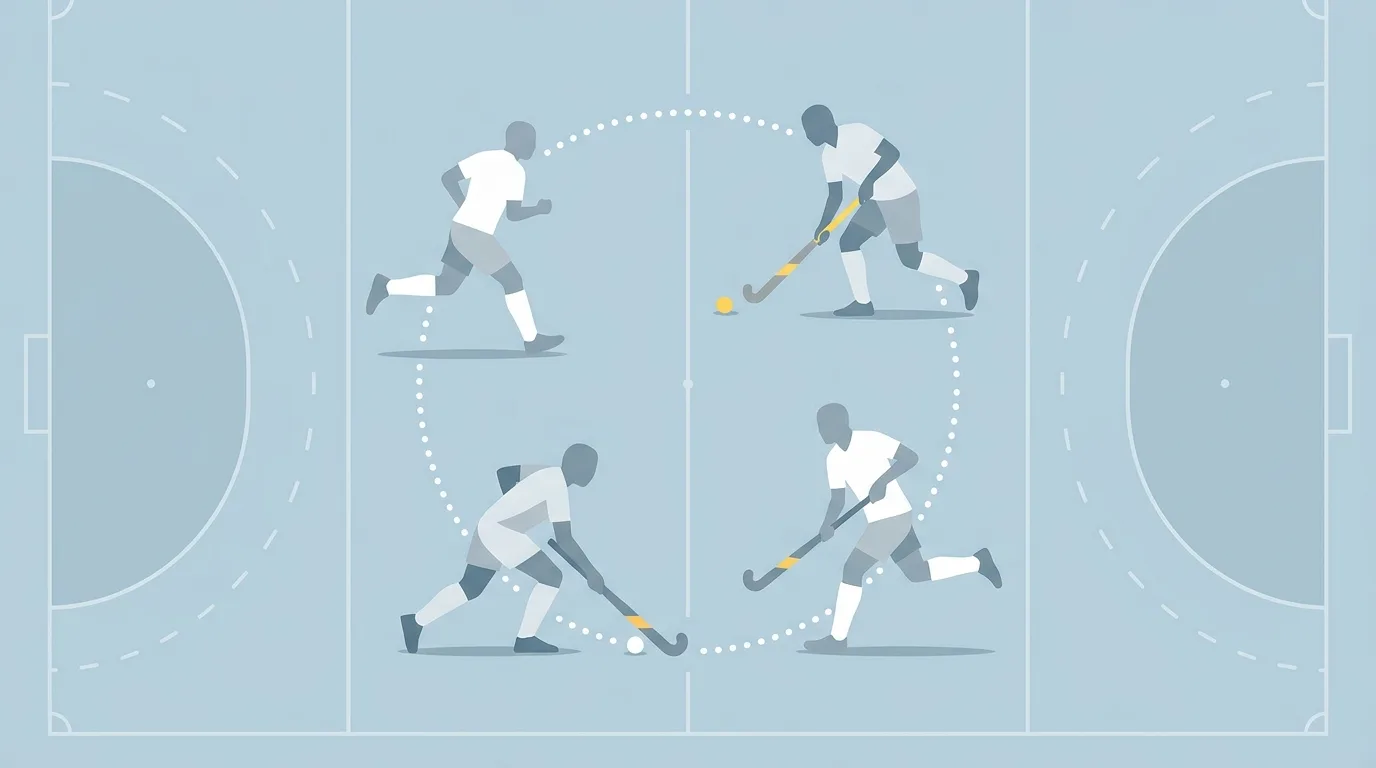Ilustración gráfica de cuatro jugadores de hockey sobre césped dispuestos en círculo, representando un formato de todos contra todos