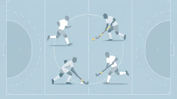 Ilustración gráfica de cuatro jugadores de hockey sobre césped dispuestos en círculo, representando un formato de todos contra todos