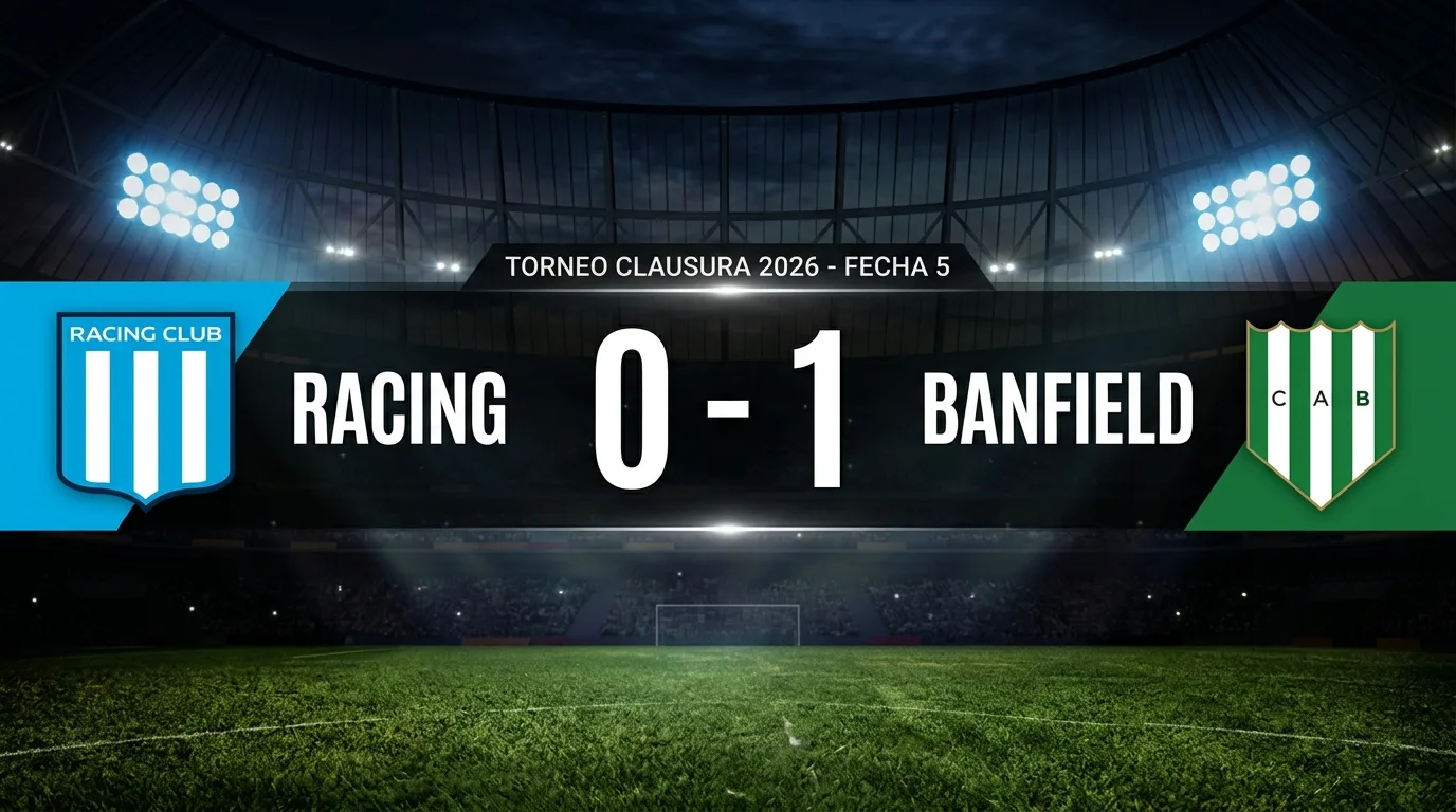 Placa gráfica del resultado Racing 0-1 Banfield, Torneo Clausura 2026, fecha 5, con los escudos de ambos equipos