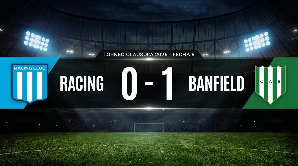Placa gráfica del resultado Racing 0-1 Banfield, Torneo Clausura 2026, fecha 5, con los escudos de ambos equipos