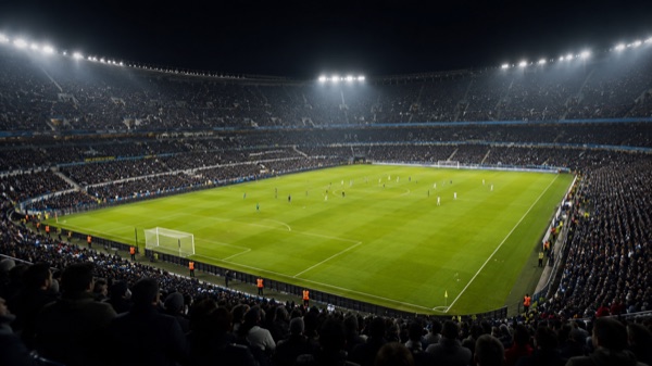Cancha de fútbol iluminada de noche con las tribunas llenas