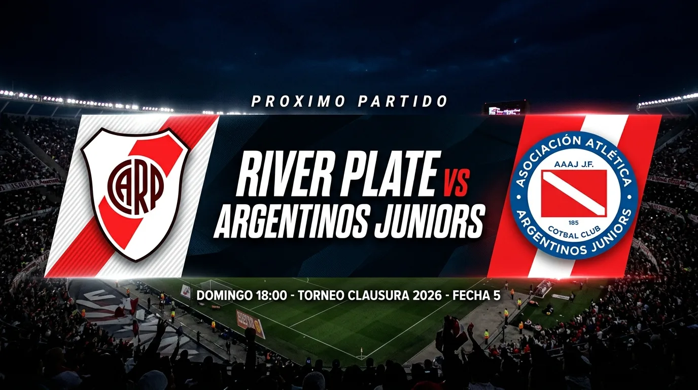 Placa de previa River Plate vs Argentinos Juniors, Torneo Clausura 2026, fecha 5, con los escudos de ambos equipos