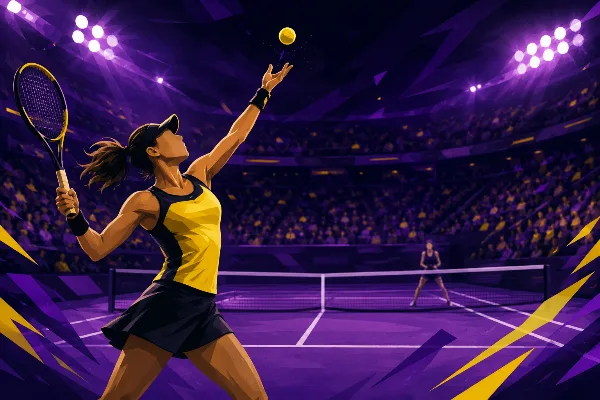 Ilustración editorial de una jugadora de tenis sacando con potencia en una cancha nocturna violeta, con una rival esperándola del otro lado de la red