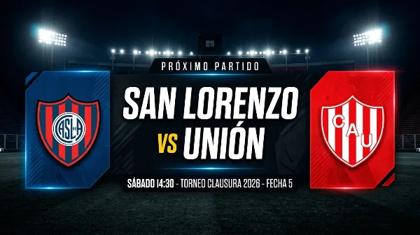 Placa de previa San Lorenzo vs Unión, Torneo Clausura 2026, fecha 5, con los escudos de ambos equipos