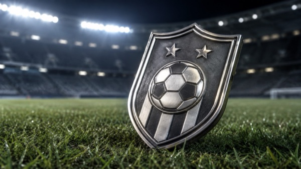 Escudo de fútbol genérico con una pelota, sobre el césped de un estadio iluminado de noche
