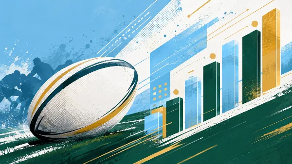 Ilustración editorial de una pelota de rugby junto a gráficos abstractos de barras en celeste, verde oscuro y dorado, representando una tabla de posiciones