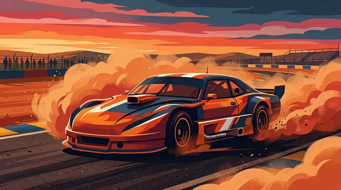 Ilustración editorial de un auto de Turismo Carretera derrapando entre nubes de polvo en un autódromo argentino al atardecer