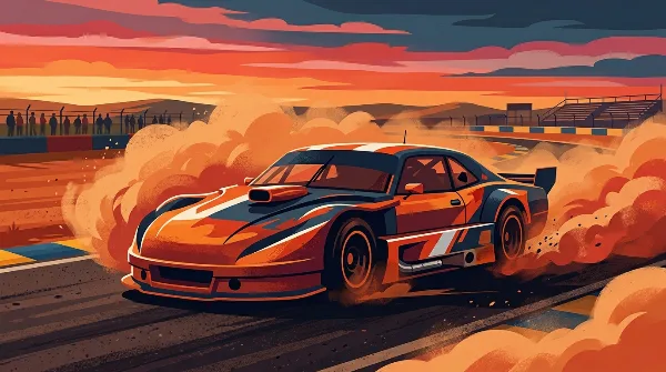 Ilustración editorial de un auto de Turismo Carretera derrapando entre nubes de polvo en un autódromo argentino al atardecer