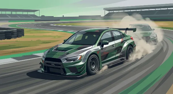 Ilustración editorial de dos autos de turismo de pista disputando una curva en un circuito, con humo de neumáticos
