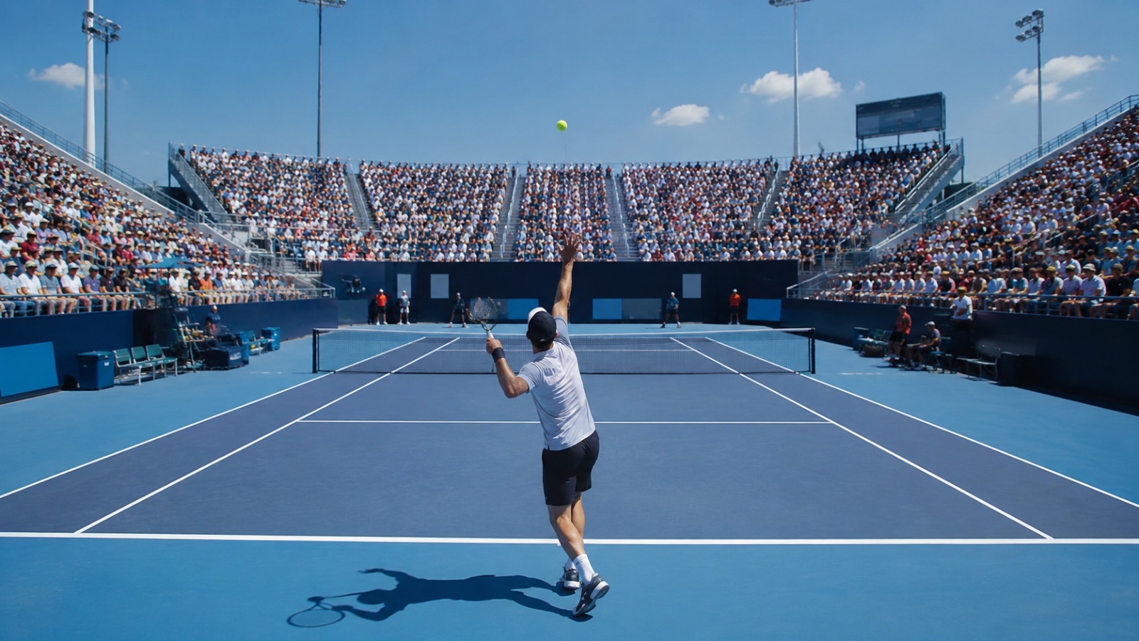 Cancha de tenis de superficie dura azul en un estadio lleno, con un tenista de espaldas a punto de sacar