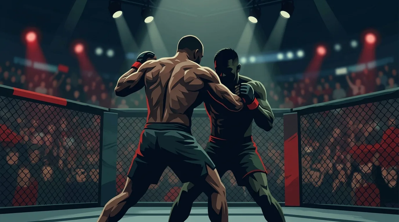Ilustración editorial de dos peleadores de artes marciales mixtas de espaldas, enfrentados dentro de una jaula octagonal