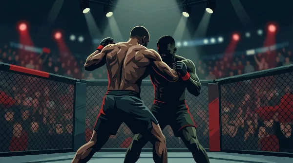 Ilustración editorial de dos peleadores de artes marciales mixtas de espaldas, enfrentados dentro de una jaula octagonal